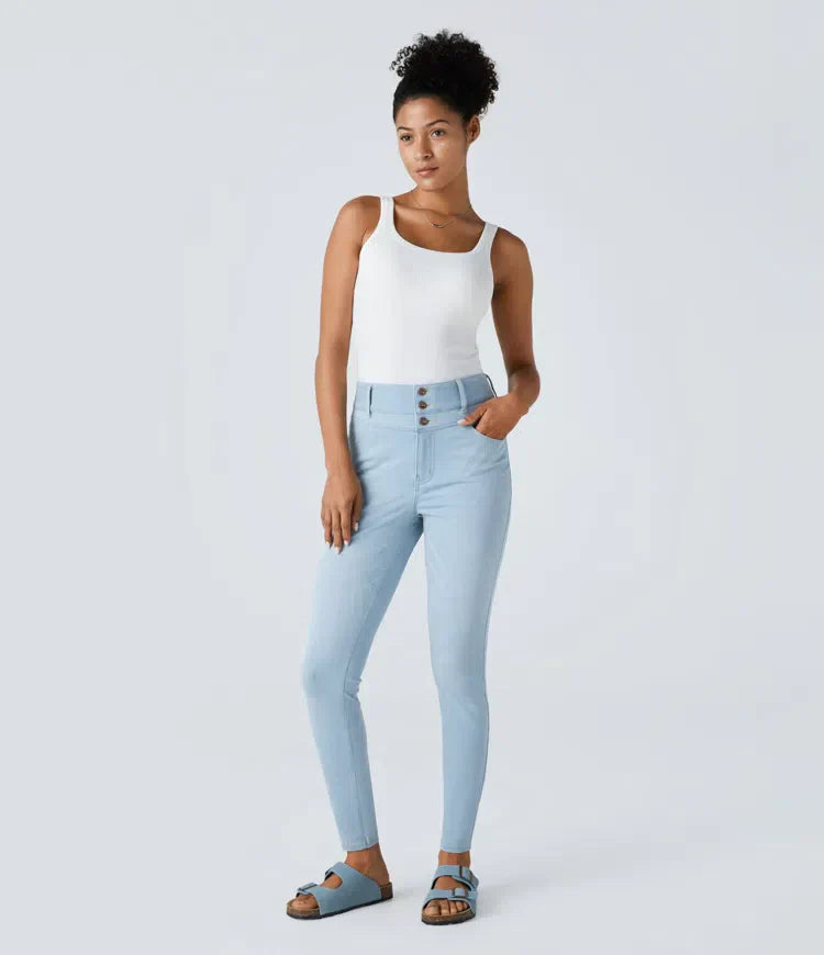 Jorien - Skinny Jeans Van Gebreid Stretch Denim Met Knoop, Rits en Meerdere Zakken