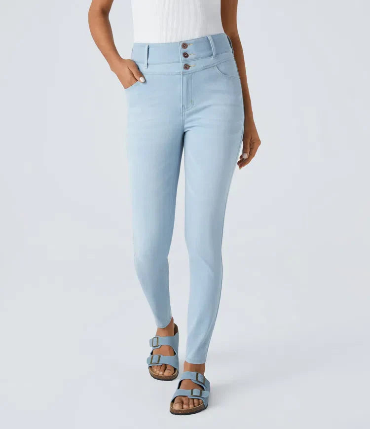 Jorien - Skinny Jeans Van Gebreid Stretch Denim Met Knoop, Rits en Meerdere Zakken